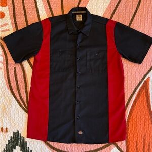 Dickies L Men’s Short Sleeve Button Down Shirt Black Red Large Biker Mechanic